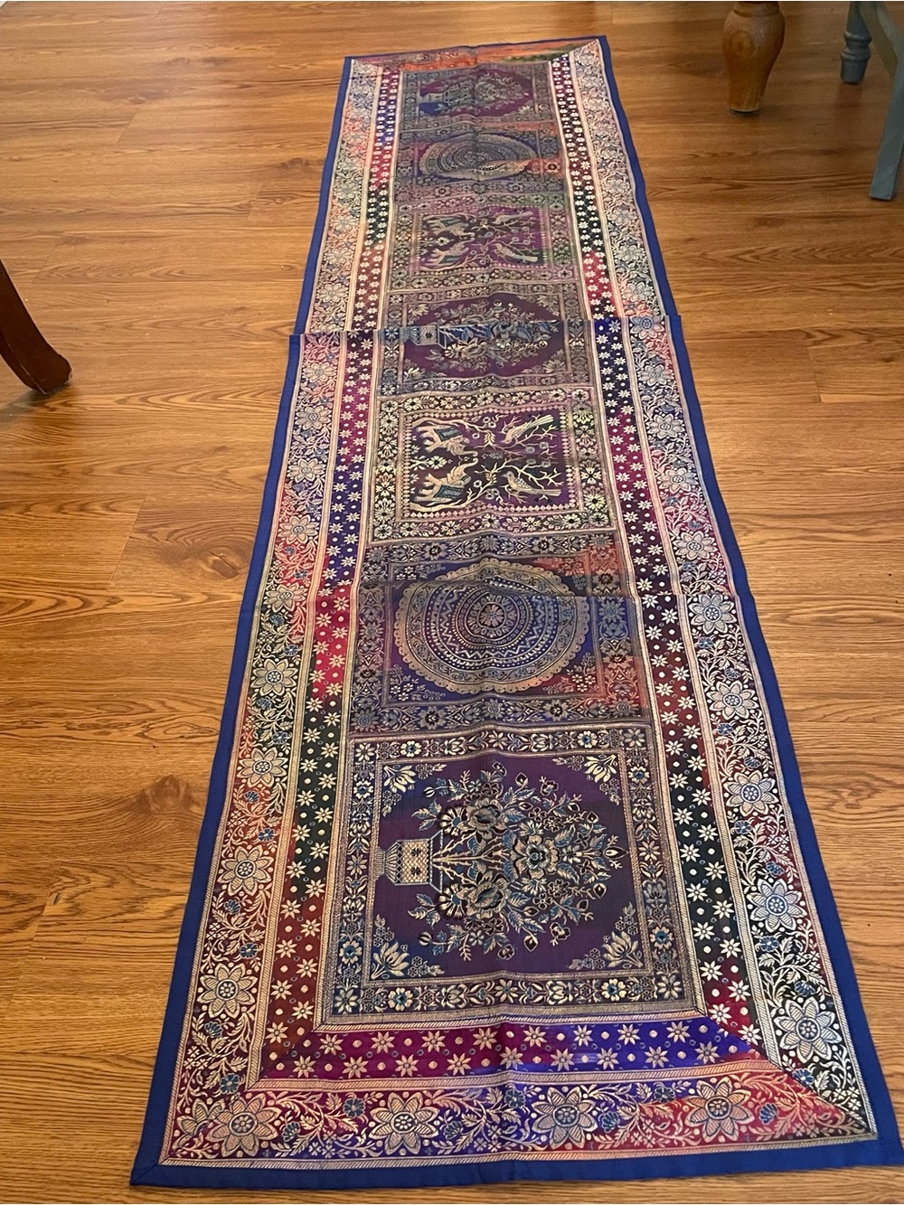Indian Silk Brocade Table Runner 76x18‎ Mandalas Elephants Birds